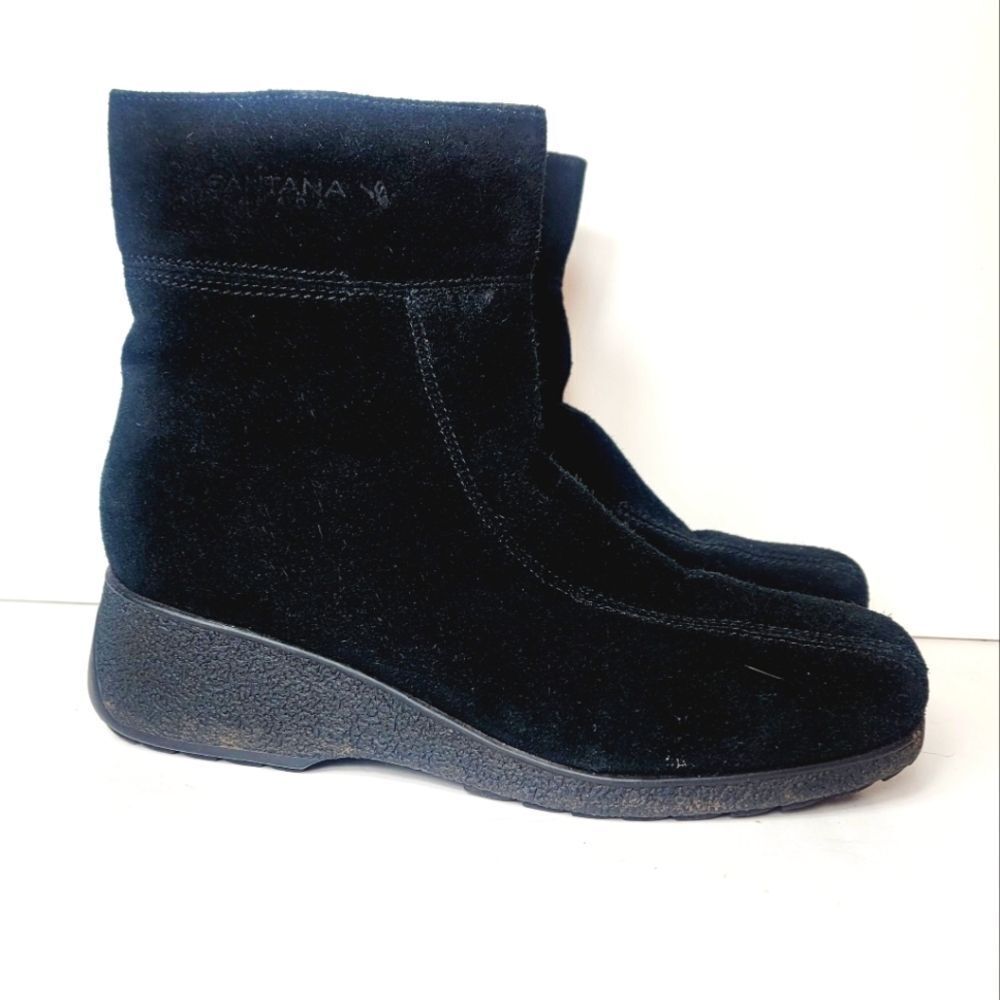 Santana Canada Black Suede Low Wedge Square Toe Winter Ankle Boot Size 9.5 Heavy
